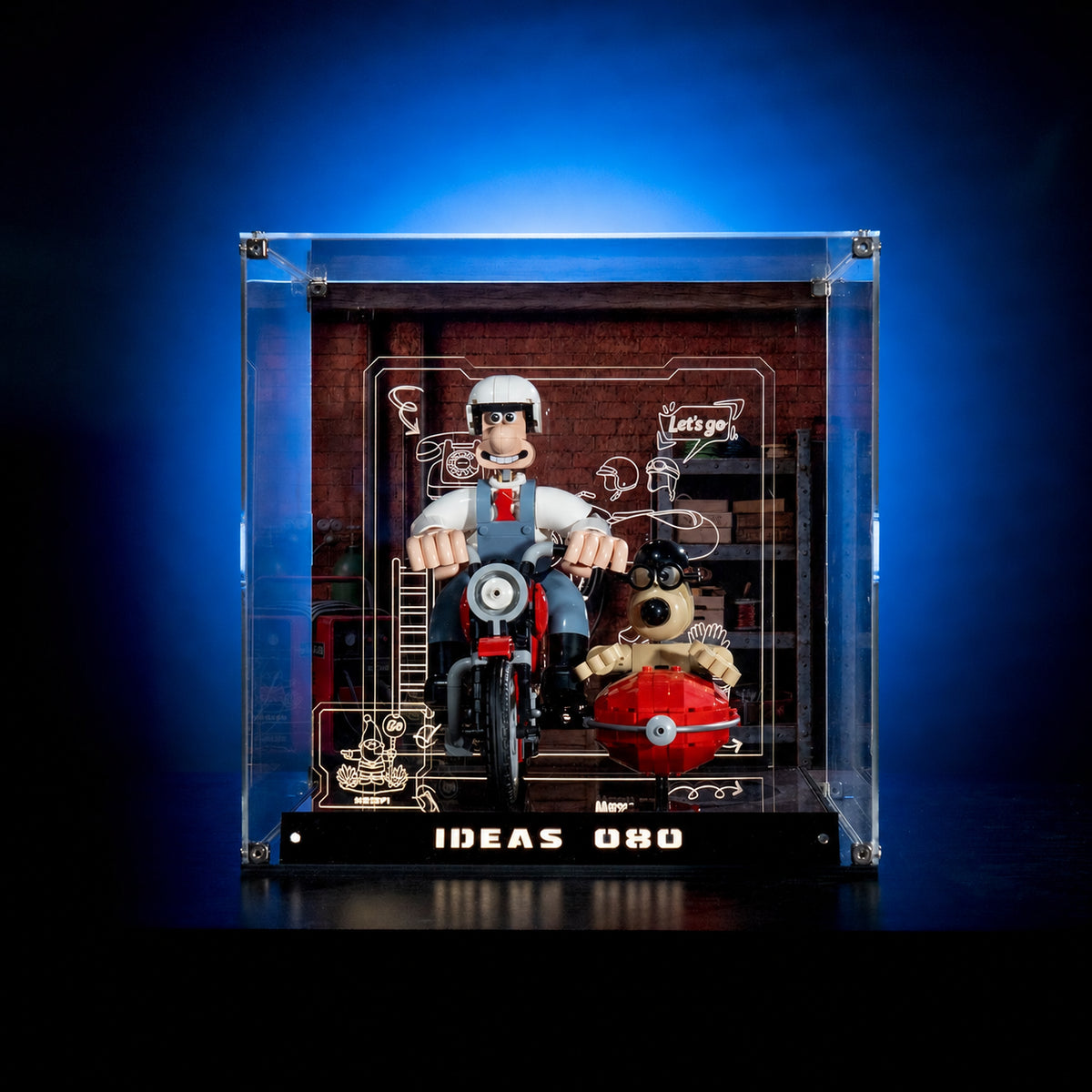 KGBOX acrylic display case with LED for LEGO 21371 Wallace and Gromit, illuminated base and engraved insert panel