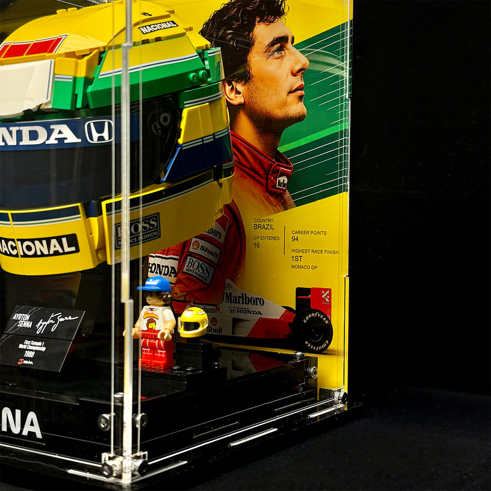 Yellow-and-green racing-themed backdrop and black display base; LEGO model shown for illustration