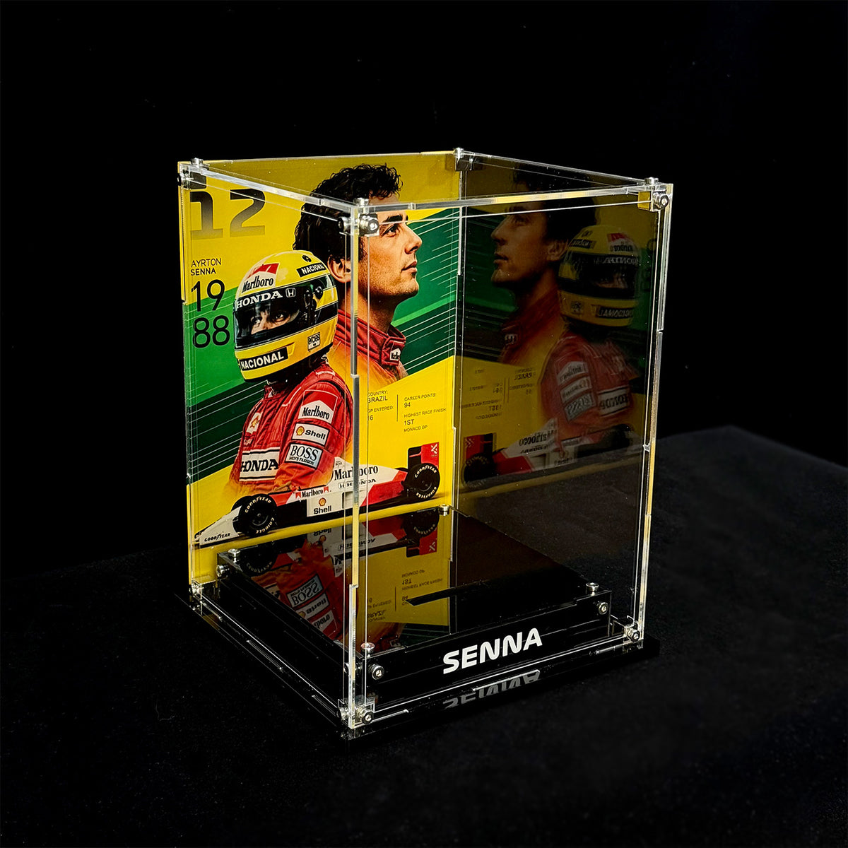 Empty display case with transparent panels, a yellow-and-green racing-themed backdrop and a black base