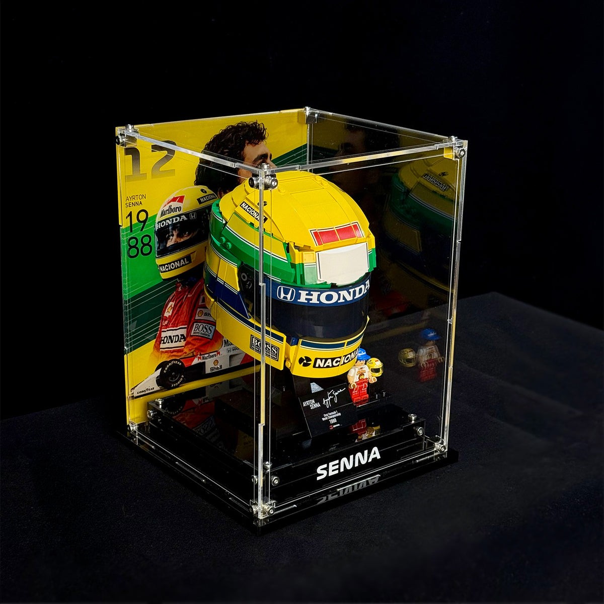 Full angled view of the display case for LEGO 43024 Ayrton Senna's Helmet; model shown for illustration